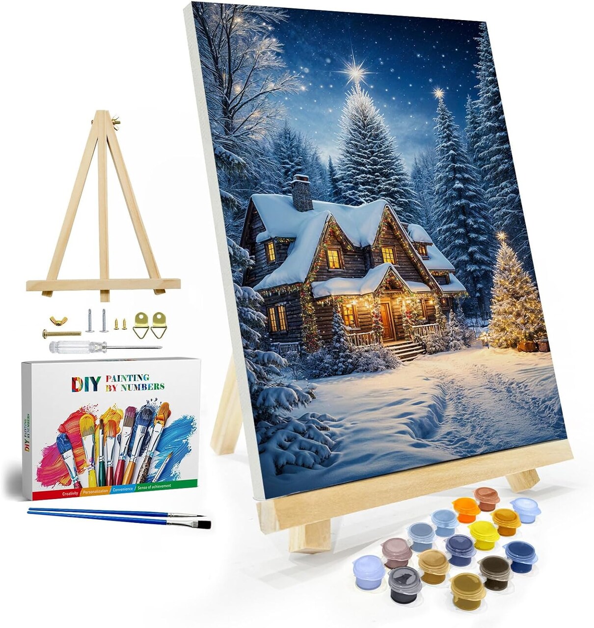 Christmas Paint by Numbers Kit for Adults with Frame, Winter House Paint by Number with Easel(8x12 Inch)